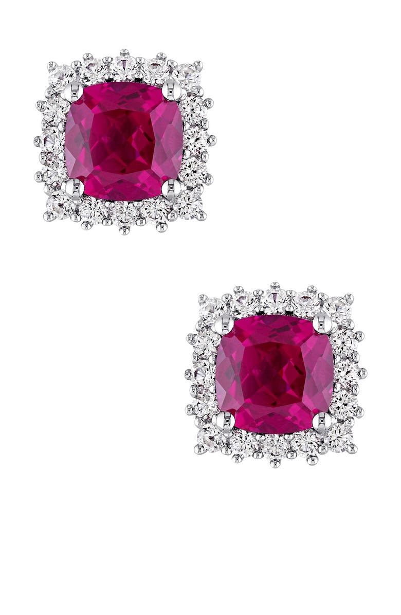 DELMAR Sterling Silver Created White Sapphire Halo Cushion Created Ruby Earrings, Main, color, Red