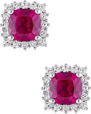 DELMAR Sterling Silver Created White Sapphire Halo Cushion Created Ruby Earrings