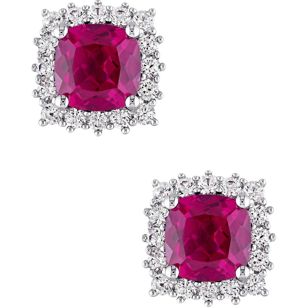 DELMAR Sterling Silver Created White Sapphire Halo Cushion Created Ruby Earrings in Red at Nordstrom Rack