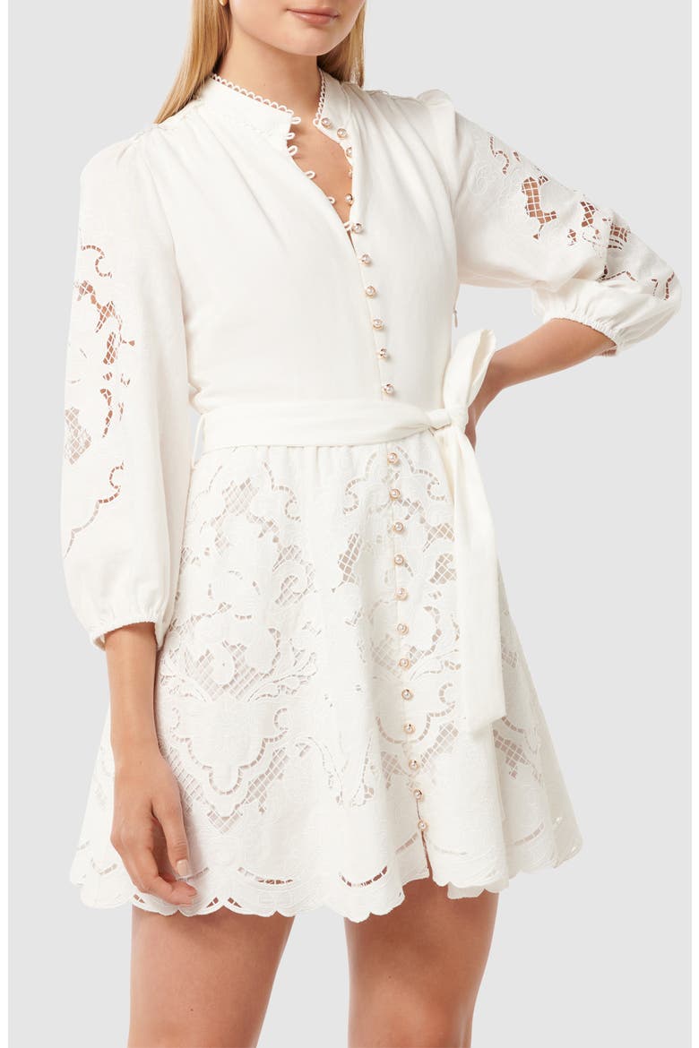 Embroidered Tie Waist Long Sleeve Mini Shirtdress, Alternate, color, IVORY
