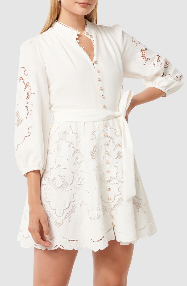 Ever New Embroidered Tie Waist Long Sleeve Mini Shirtdress, Alternate, color, 