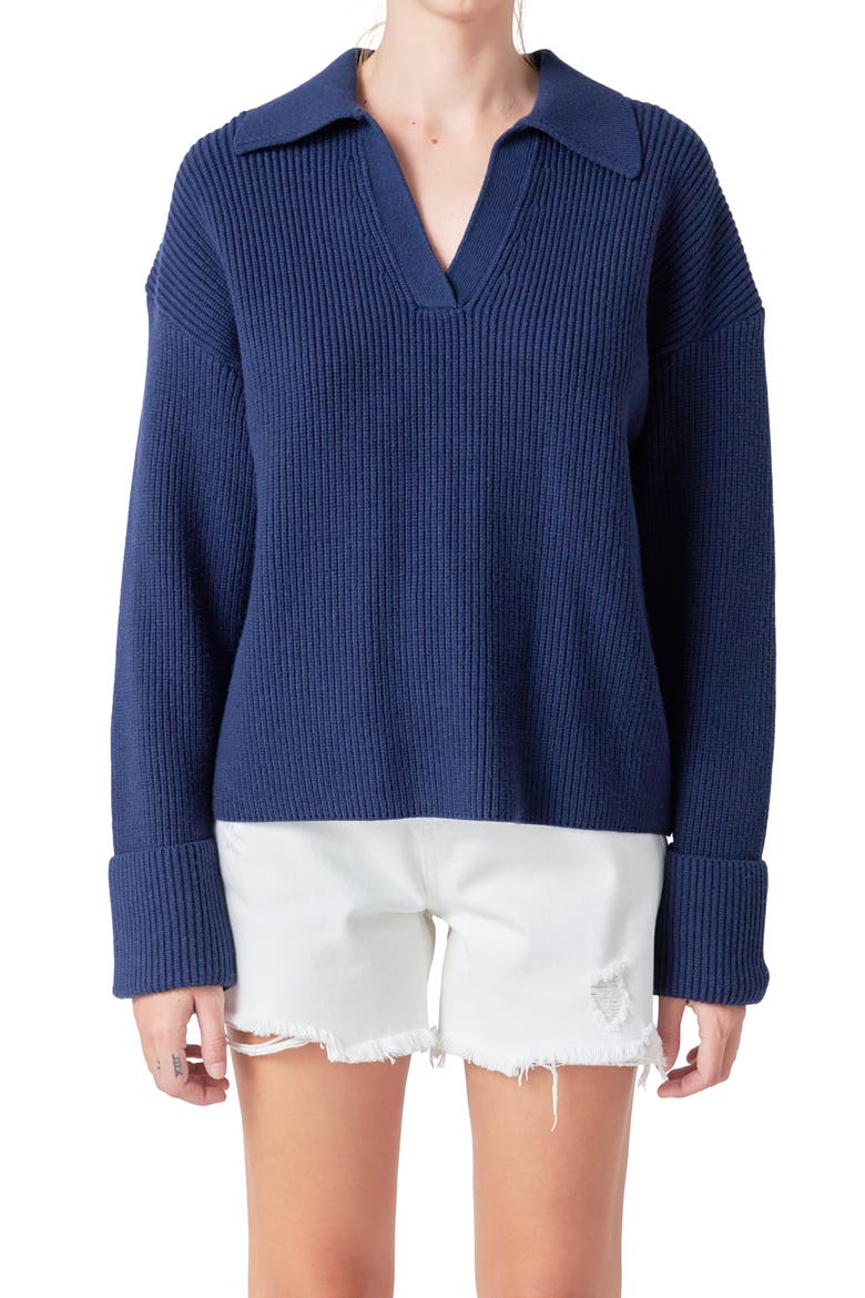 Rib Polo Sweater, Alternate, color, NAVY