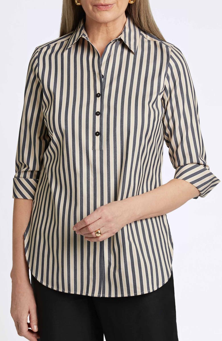 Foxcroft Madison Stripe Stretch Cotton Blend Top, Main, color, Black/ Neutral