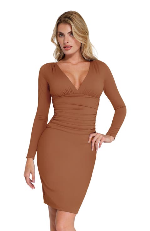Shapewear Long Sleeve V-Neck Ruched Bodycon Midi Dress