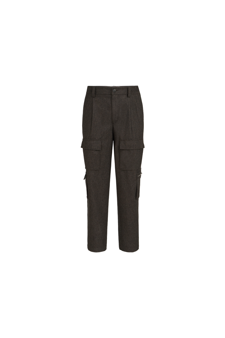 Virgin wool flannel trousers with cargo pockets and waist tabs, Alternate, color, Brown