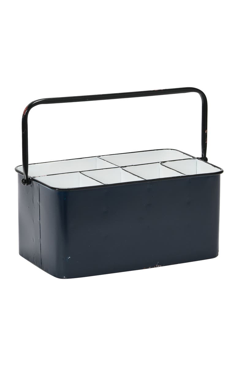 Storied Home Distressed Metal Storage Caddy with 6 Compartments and Handle, Blue and White, Main, color, Blue