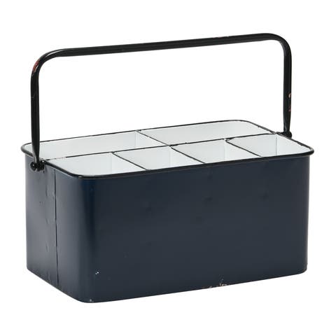 Distressed Metal Storage Caddy with 6 Compartments and Handle, Blue and White