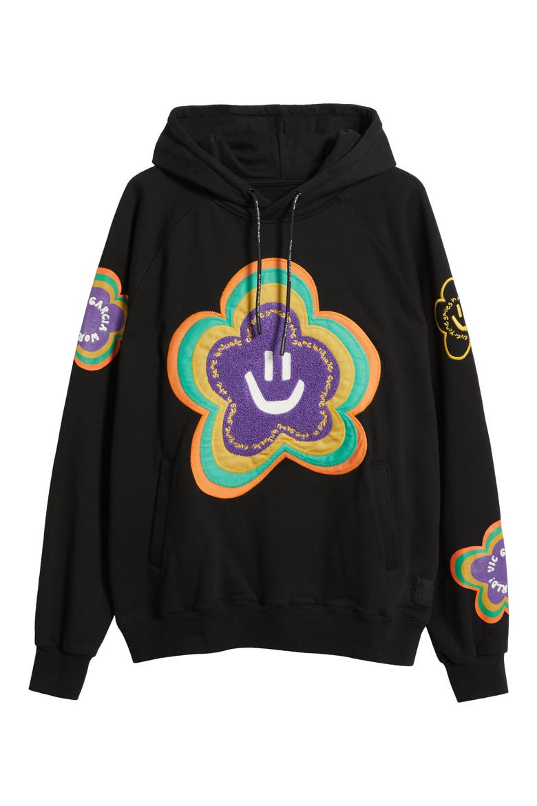 Flower Patch Cotton French Terry Hoodie, Alternate, color, BLACK