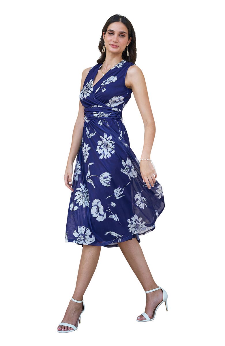 Yumi Floral Print Stretch Mesh Dress, Alternate, color, Navy
