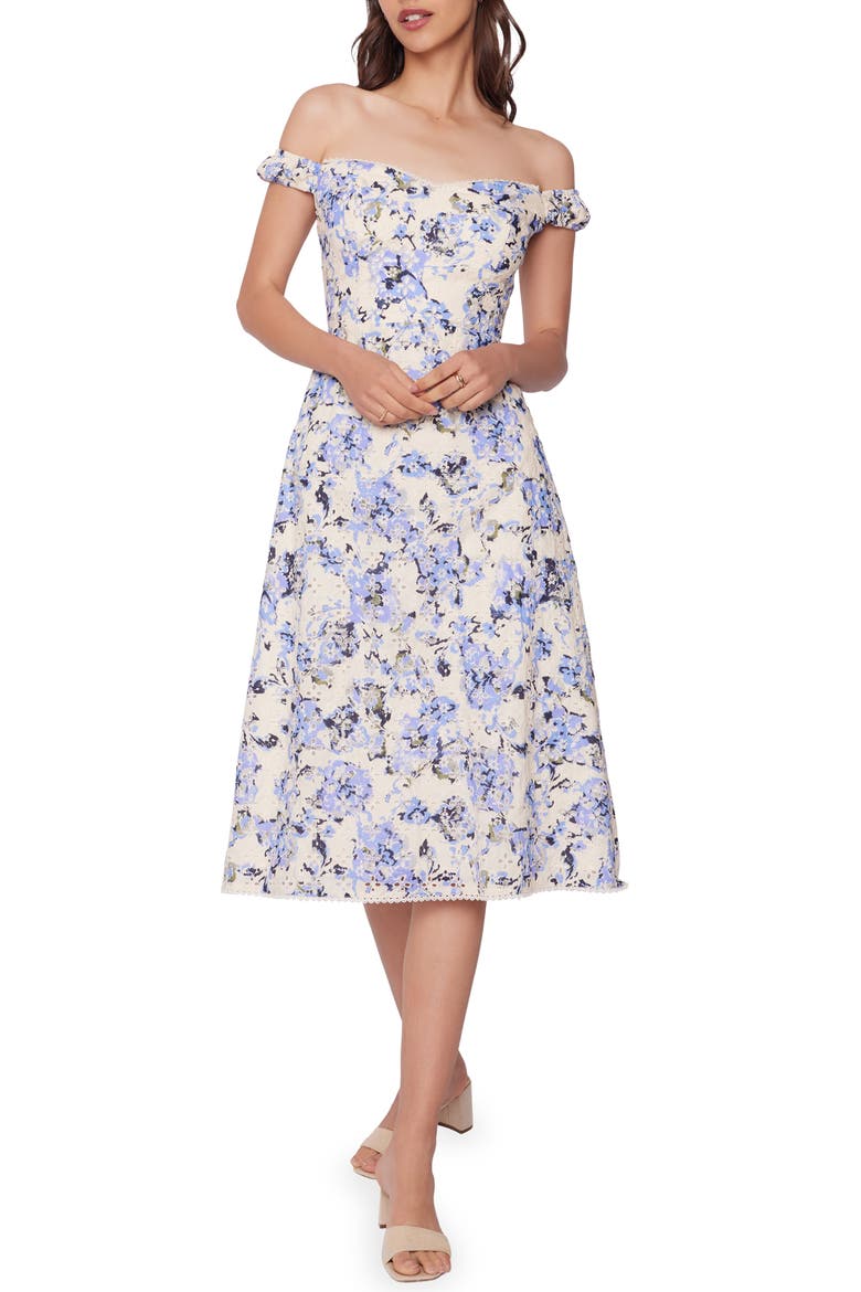 Light of Iris Floral Print Off the Shoulder Dress, Main, color, BLUE-FLORAL