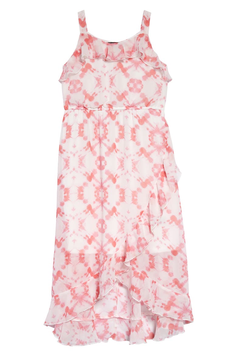 Sleeveless Tie Dye Ruffle Midi Dress, Main, color, PINK/IVORY
