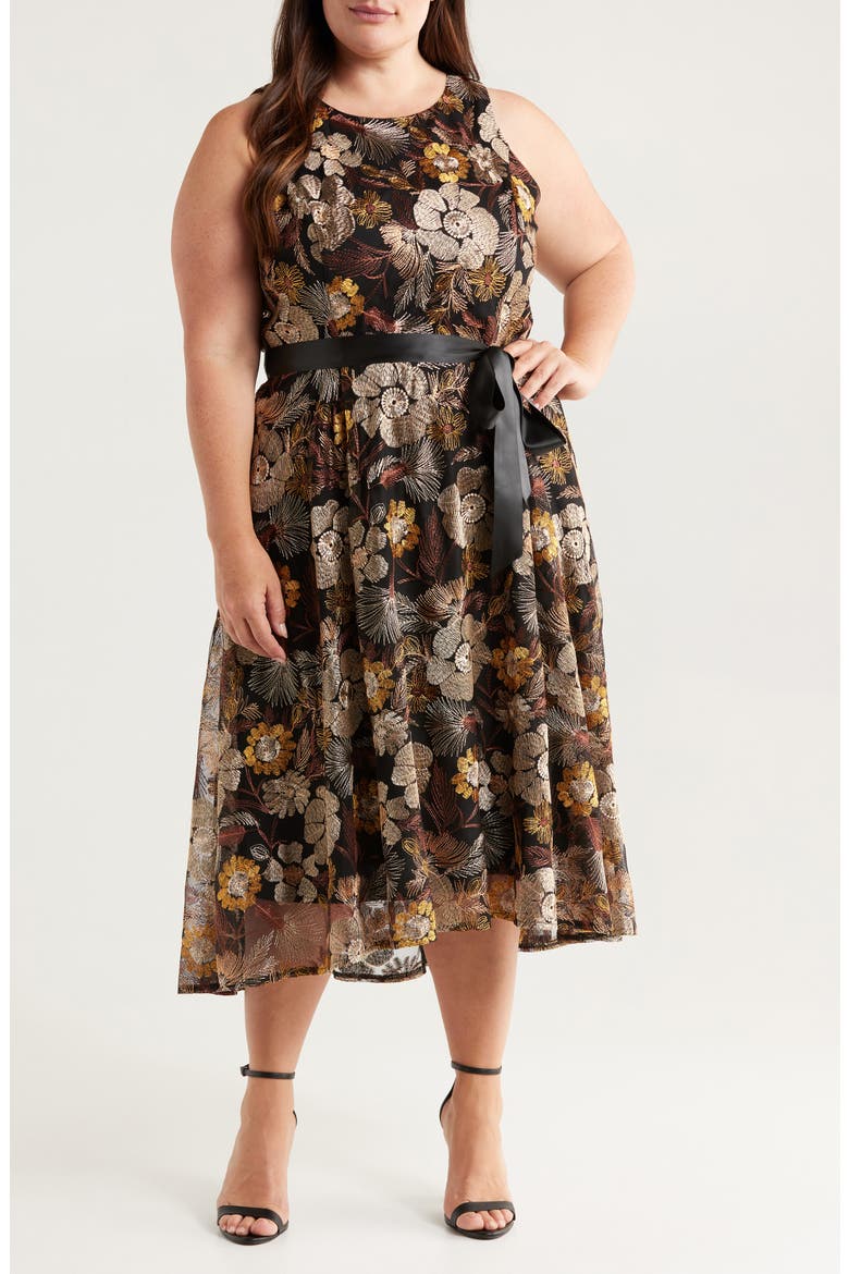 Embroidered Tie Waist Midi Dress, Main, color, BROWN GOLD