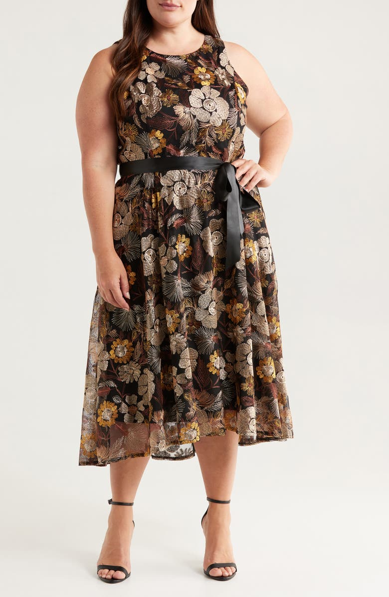 Tahari ASL Embroidered Tie Waist Midi Dress, Main, color, Brown Gold