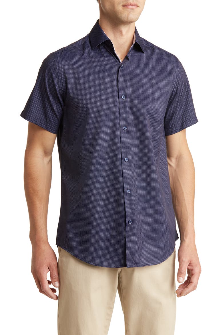 Slim Fit Performance Short Sleeve Button-Up Shirt, Main, color, NAVY