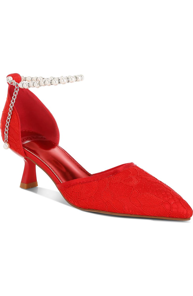 Rag & Co Bruna Faux Pearl Ankle Tie Lace Pump, Main, color, Red