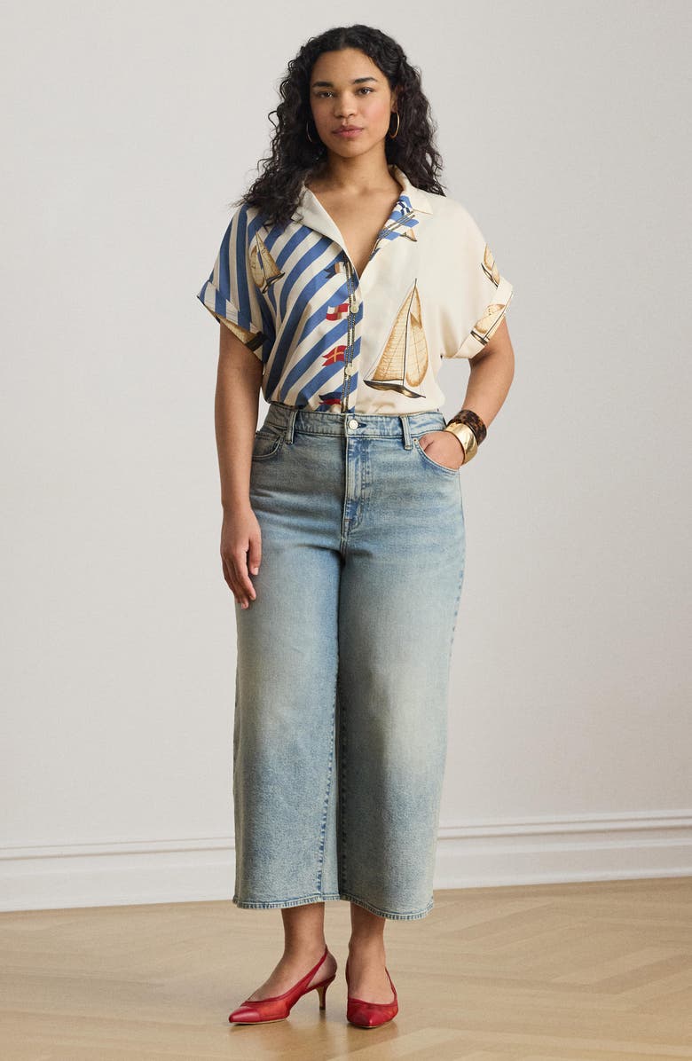 Lauren Ralph Lauren Stripe Sailboat Print Crêpe de Chine Camp Shirt, Alternate, color, Cream/ Multi