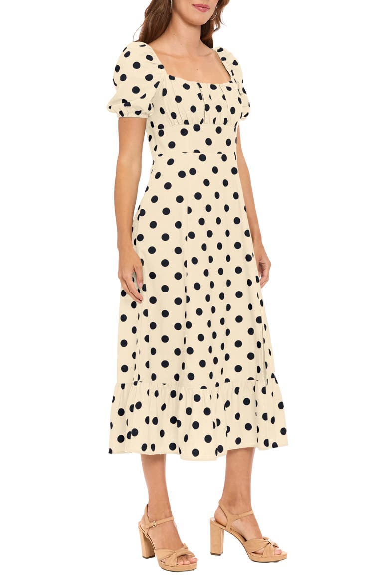 Square Neck Puff Sleeve Empire Waist A-Line Midi Dress, Alternate, color, CREAM/ BLACK