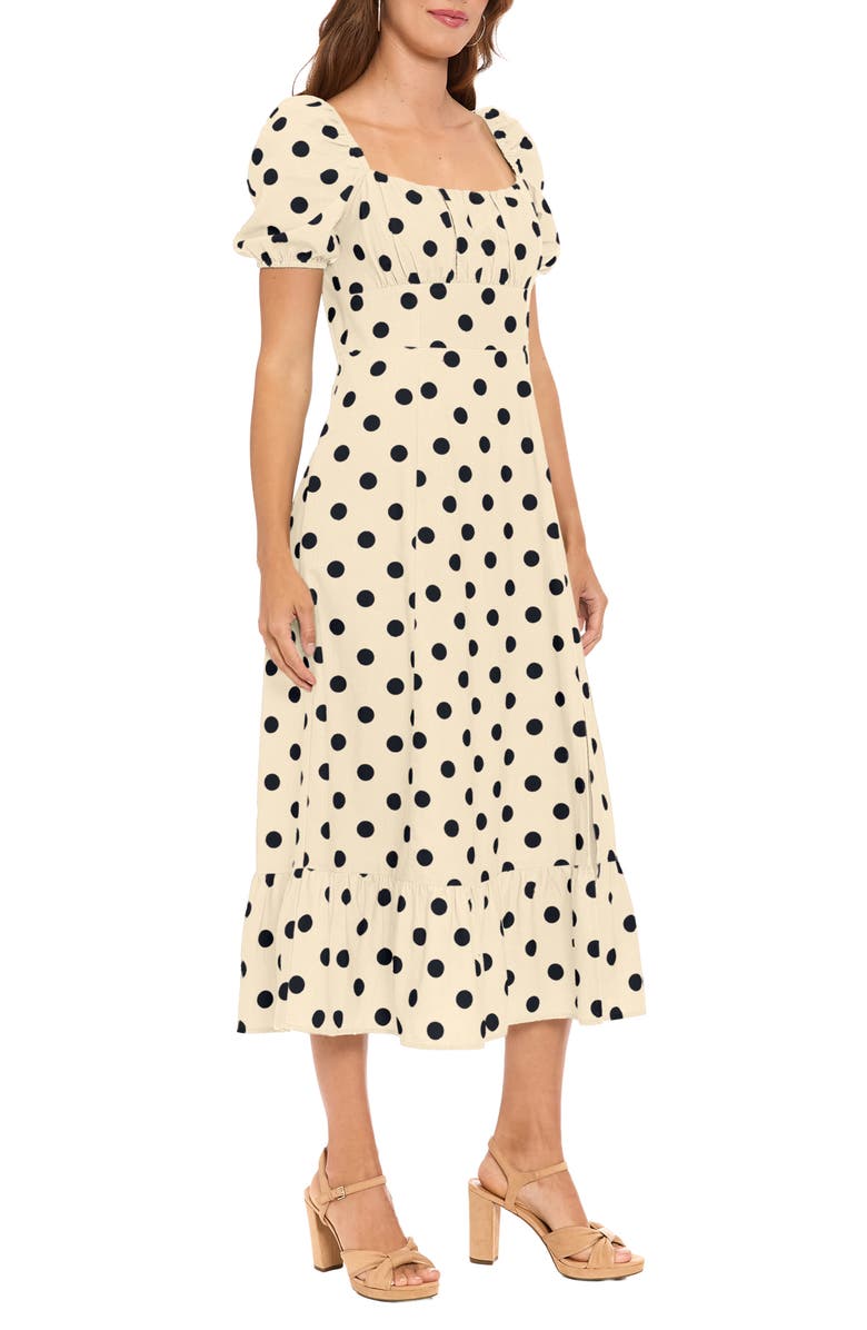 London Times Square Neck Puff Sleeve Empire Waist A-Line Midi Dress, Alternate, color, Cream/ Black