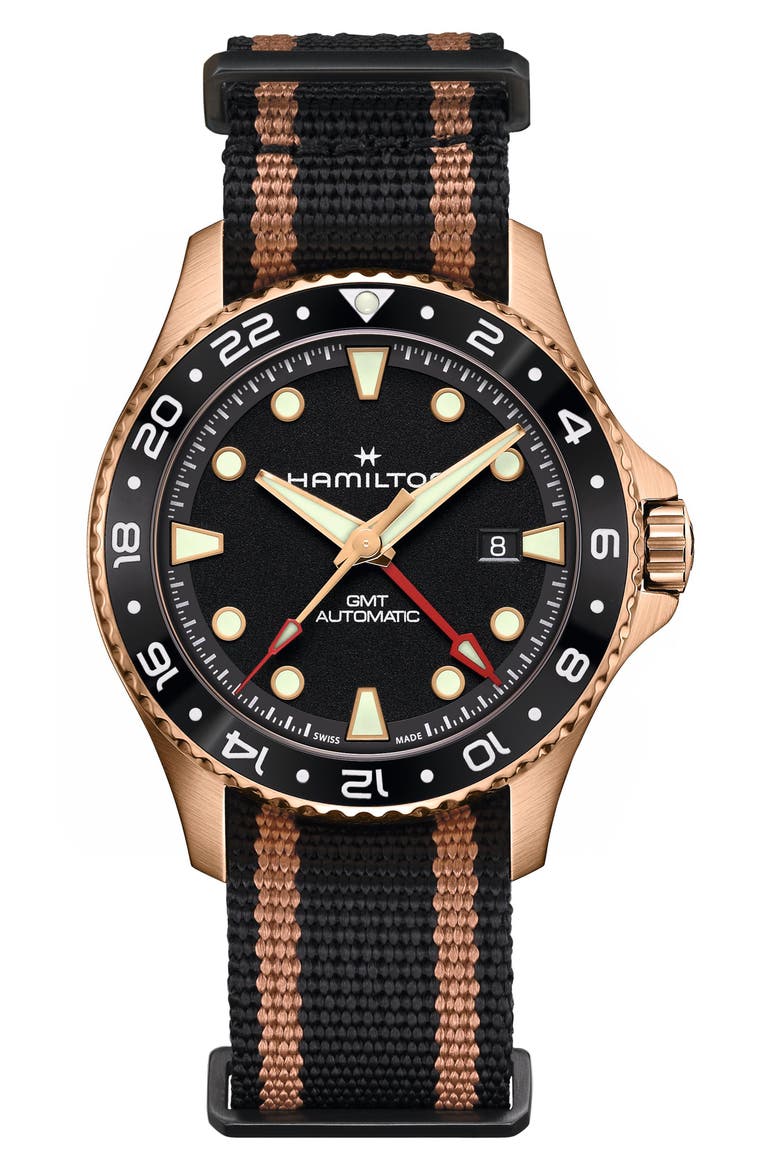 Khaki Navy Scuba GMT Automatic NATO Strap Watch, 43mm, Main, color, BLACK