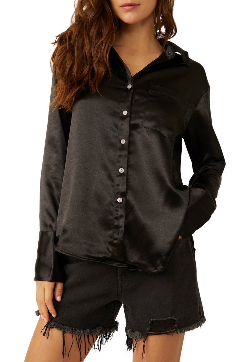 Shooting For the Moon Satin Shirt, Main, color, BLACK