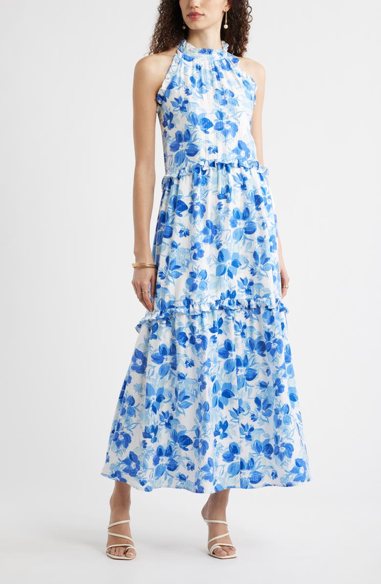 Chelsea28 Ruffle Trim Sleeveless Maxi Dress, Main, color, Blue Gabby Floral
