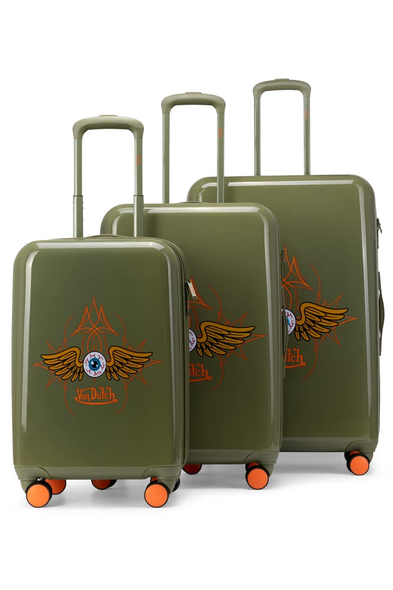 Kustom Kulture 3-Piece Expandable Hardside Spinner Luggage Set, Main, color, Olive Eyeflight