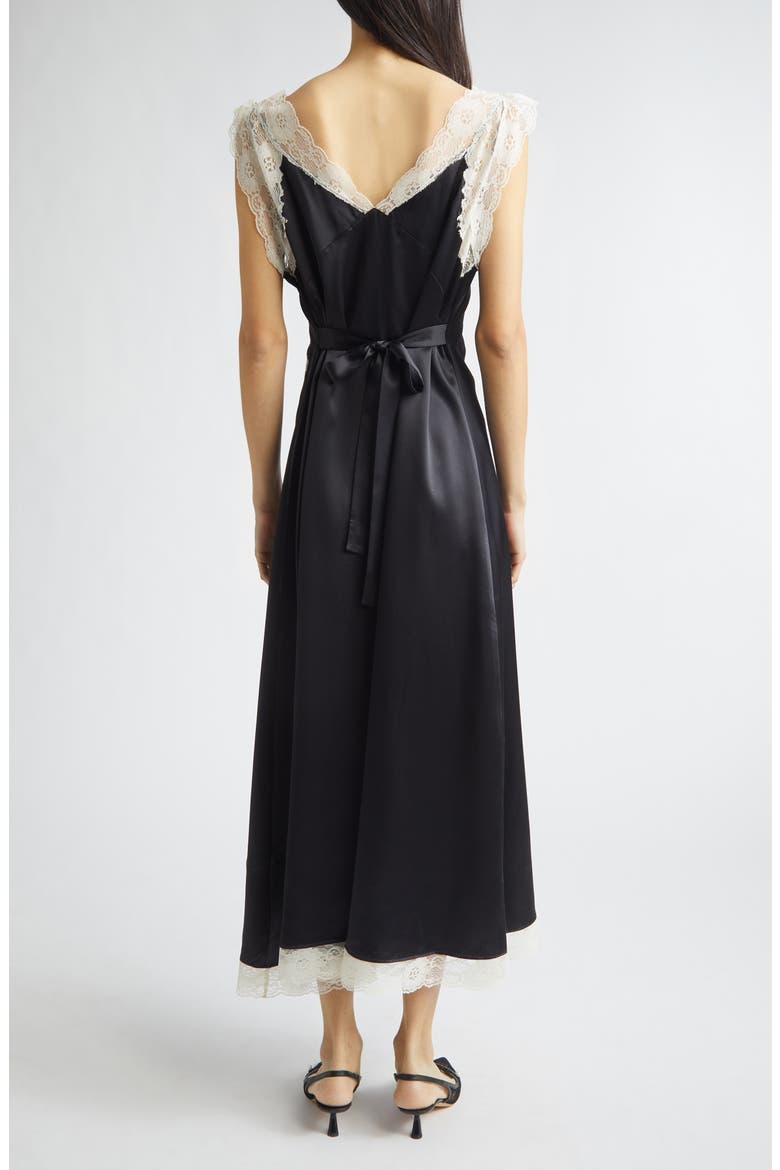 Gender Inclusive Irene Lace Trim Silk Charmeuse Midi Dress, Alternate, color, BLACK