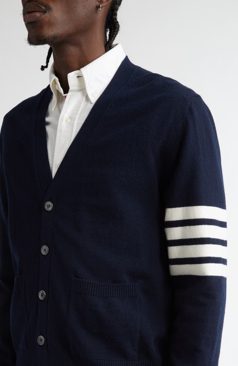 Thom Browne Holiday Hector Nutcracker 4-Bar Virgin Wool Cardigan, Alternate, color, Navy