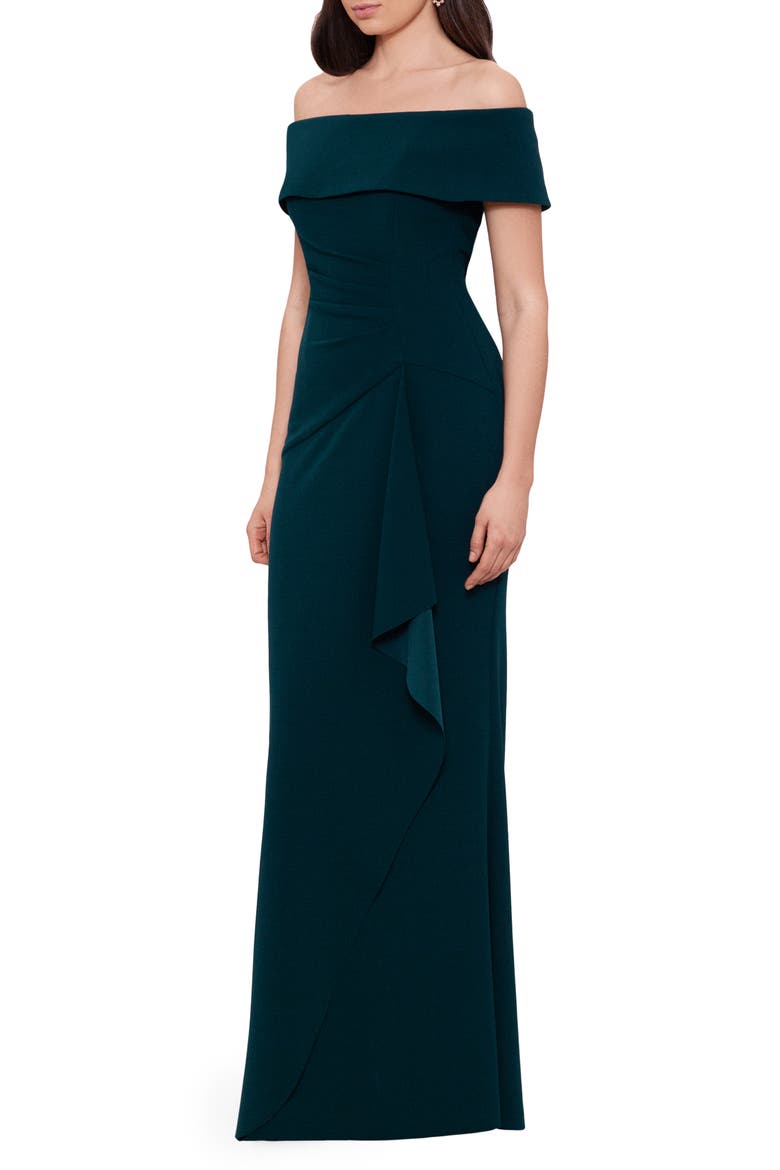 Xscape Off the Shoulder Crepe Evening Dress, Alternate, color, PINE
