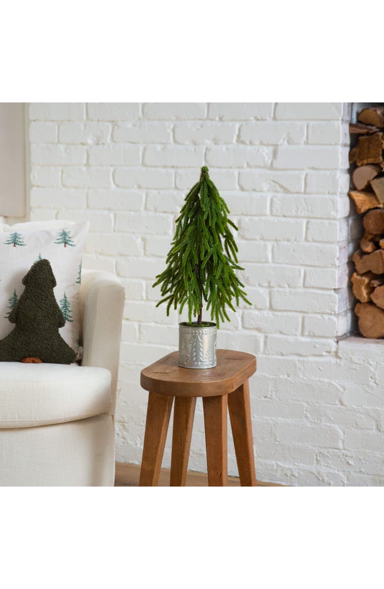 NEARLY NATURAL 20-in Artificial Real Touch Down Swept Norfolk Island Pine in Christmas Tin Metal Planter with Natural Look, Alternate, color, Green/White