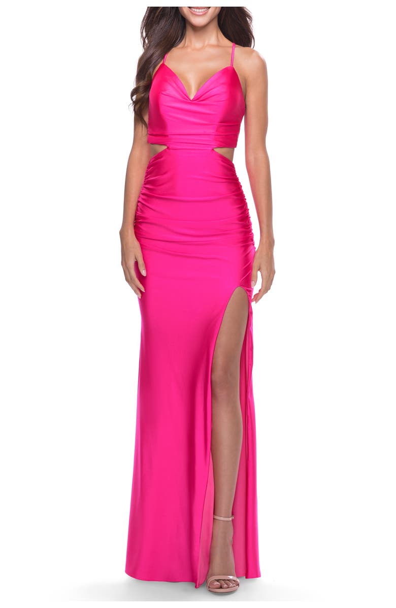 La Femme Neon Prom Dress with Side Cutouts and Open Tie Back, Alternate, color, Neon Pink