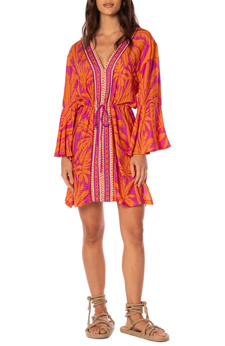 Maaji Flamingo Palm Enjoyable Long Sleeve Cover-Up Dress, Main, color, Bright Purple