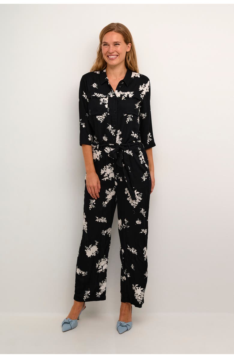 Kaffe Rutie 3/4 Sleeve Jumpsuit, Main, color, Black/White Flower Print