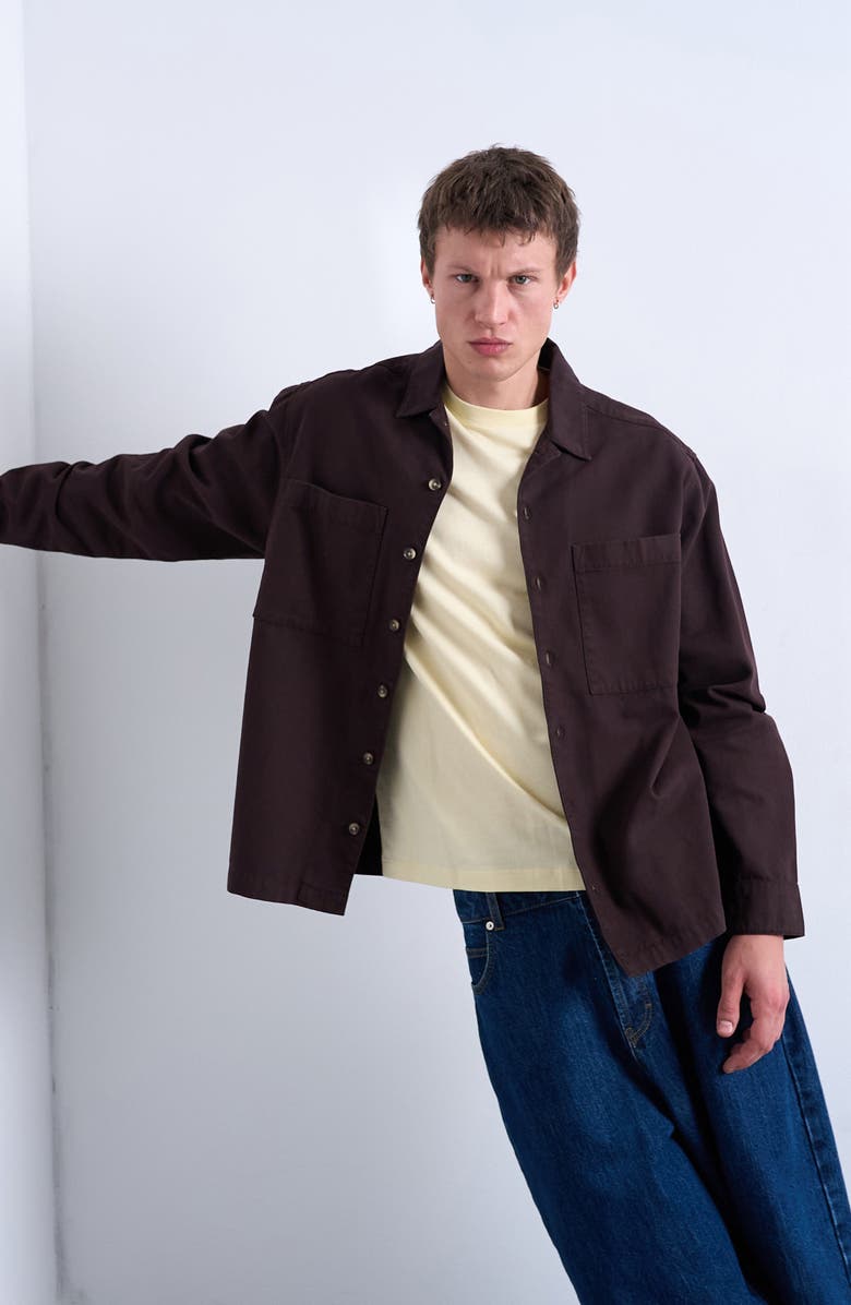 Topman Camp Collar Cotton Button-Up Overshir, Main, color, Brown