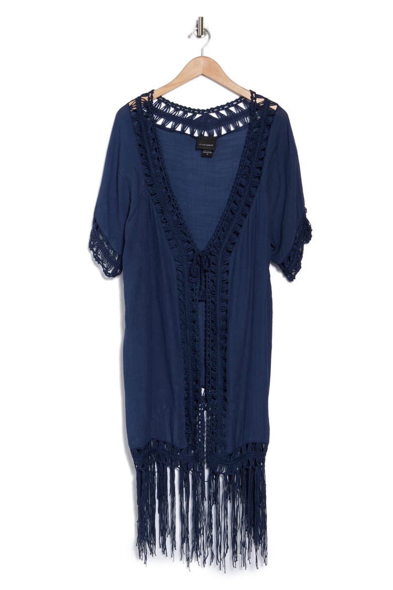 Crochet Trim Fringe Hem Duster, Alternate, color, NAVY