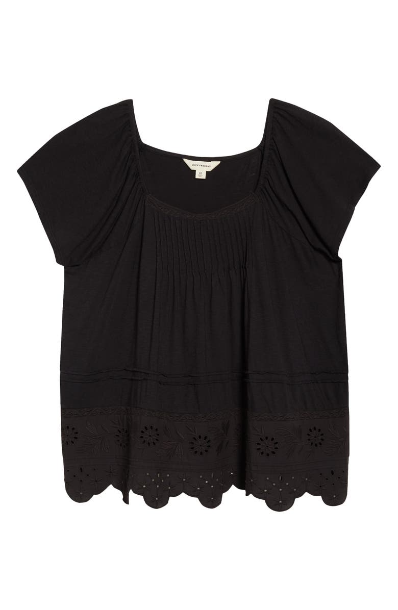 Lucky Brand Pintuck Eyelet Embroidered Cap Sleeve Cotton & Modal Top, Alternate, color, Meteorite