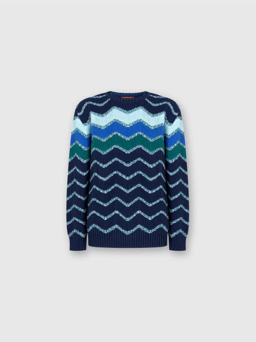 Missoni Crew-neck Pullover With Macro Zigzag And Mélange Details In Blue & Green