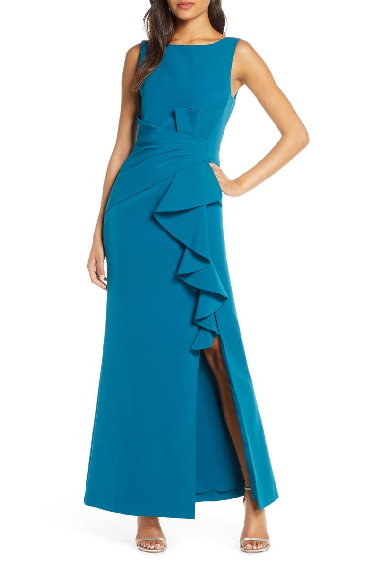 Ruffle Detail Gown, Main, color, TEAL