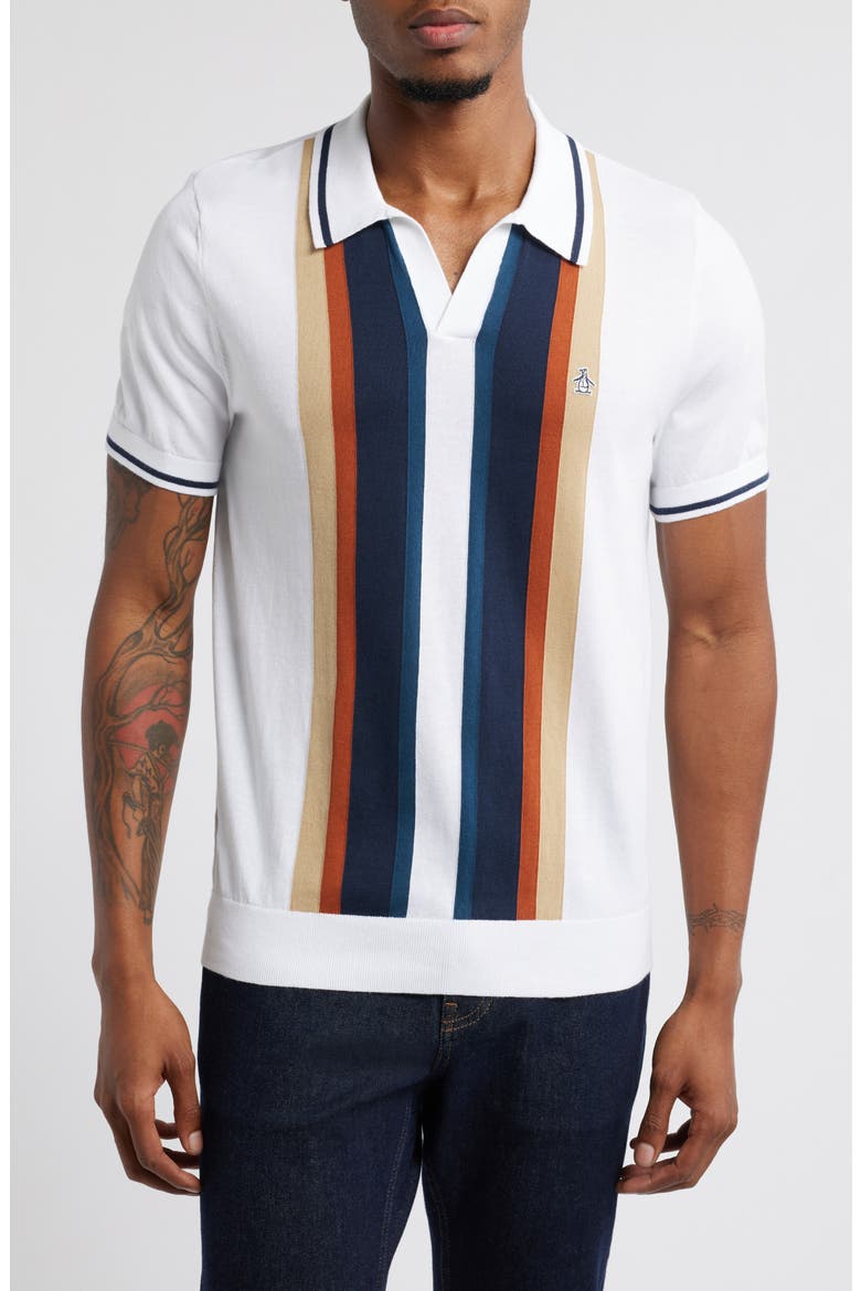 Vertical Stripe Short Sleeve Cotton Polo Sweater, Main, color, BRIGHT WHITE