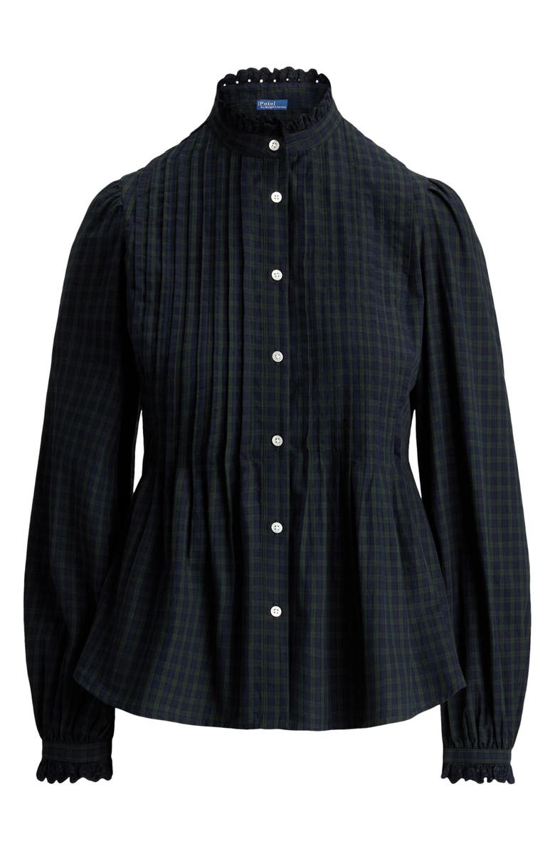 Polo Ralph Lauren Plaid Long Sleeve Peplum Button-Up Shirt, Alternate, color, Navy-Dark Green