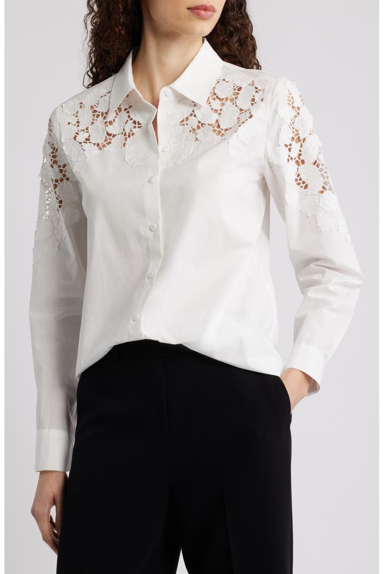 The Kira Floral Appliqué Button-Up Shirt, Main, color, SKY WHITE