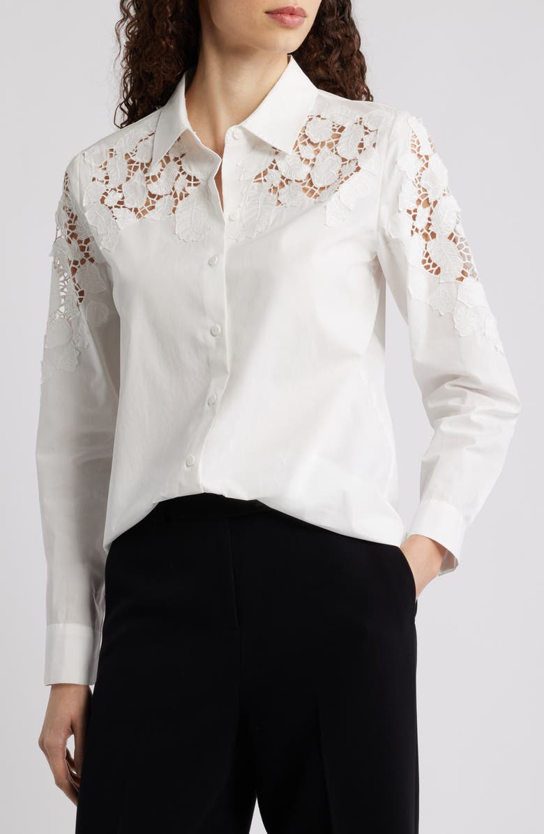 Elie Tahari The Kira Floral Appliqué Button-Up Shirt, Main, color, Sky White