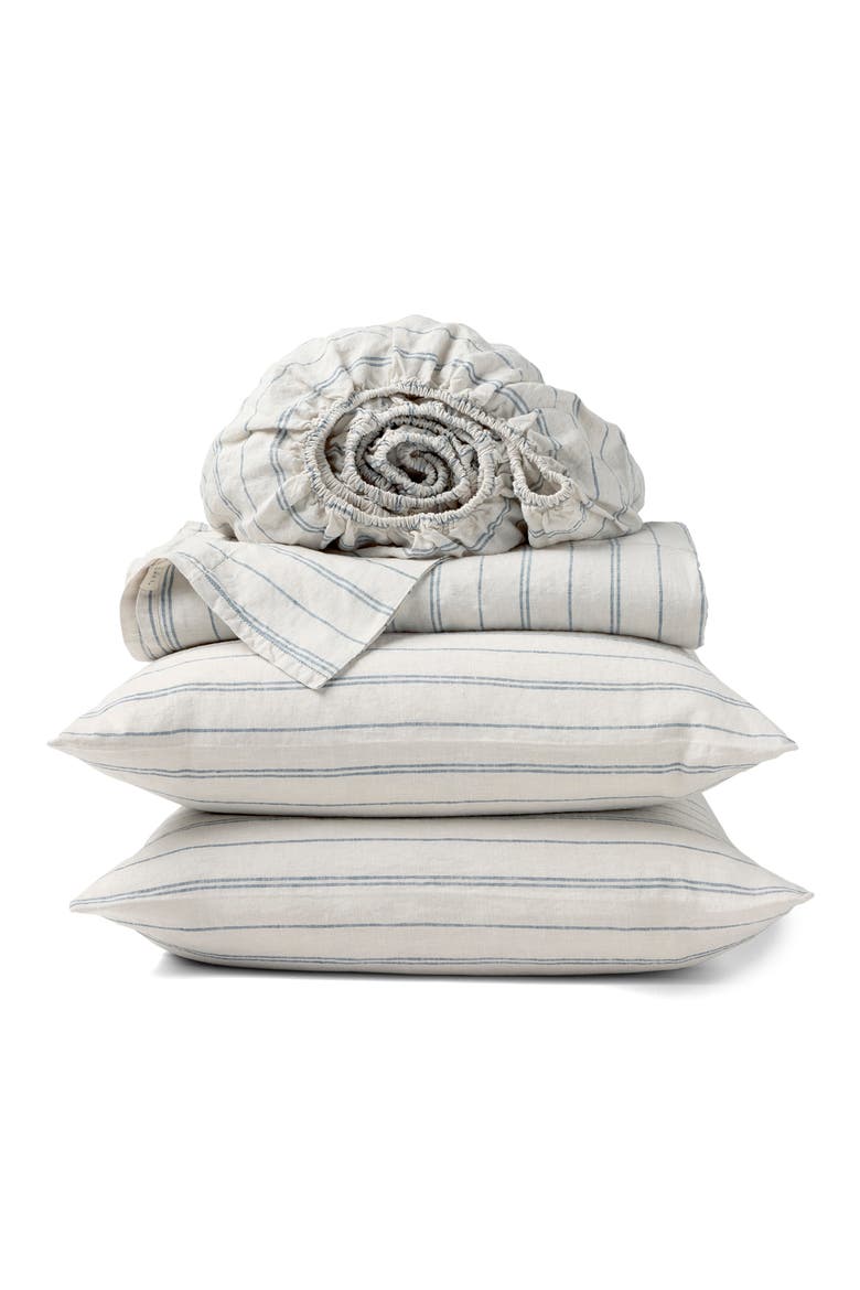 Relaxed Organic Linen Sheet Set, Main, color, FOG CHAMBRAY INDIGO STRIPE