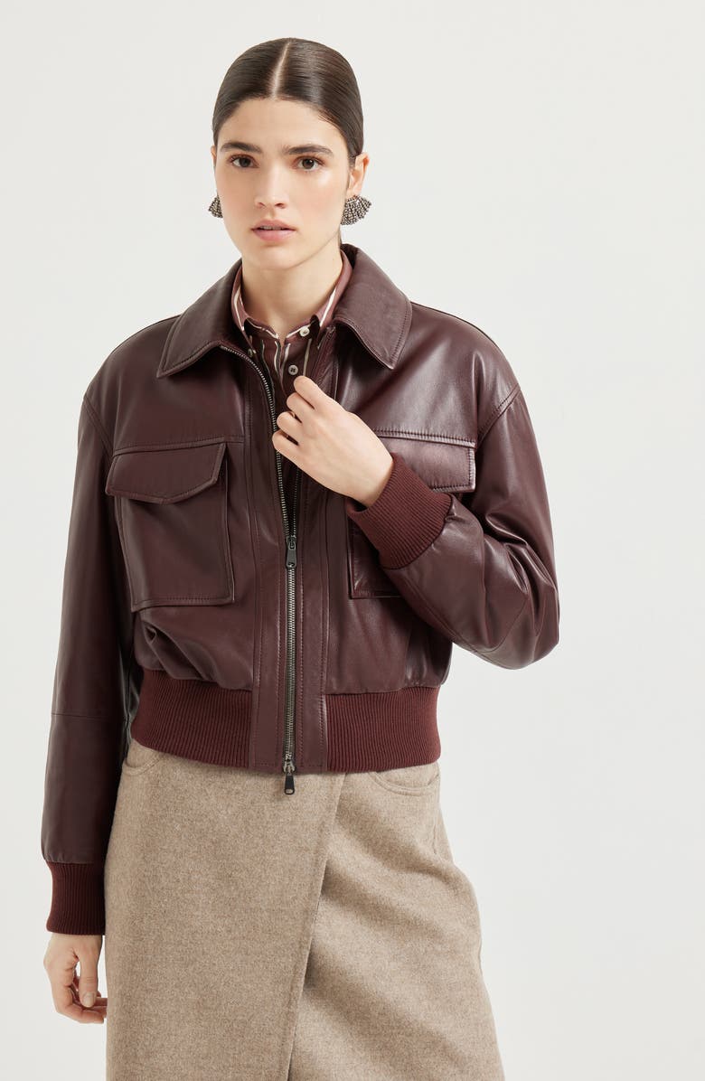 Brunello Cucinelli Soft nappa leather bomber jacket, Alternate, color, Amaranth