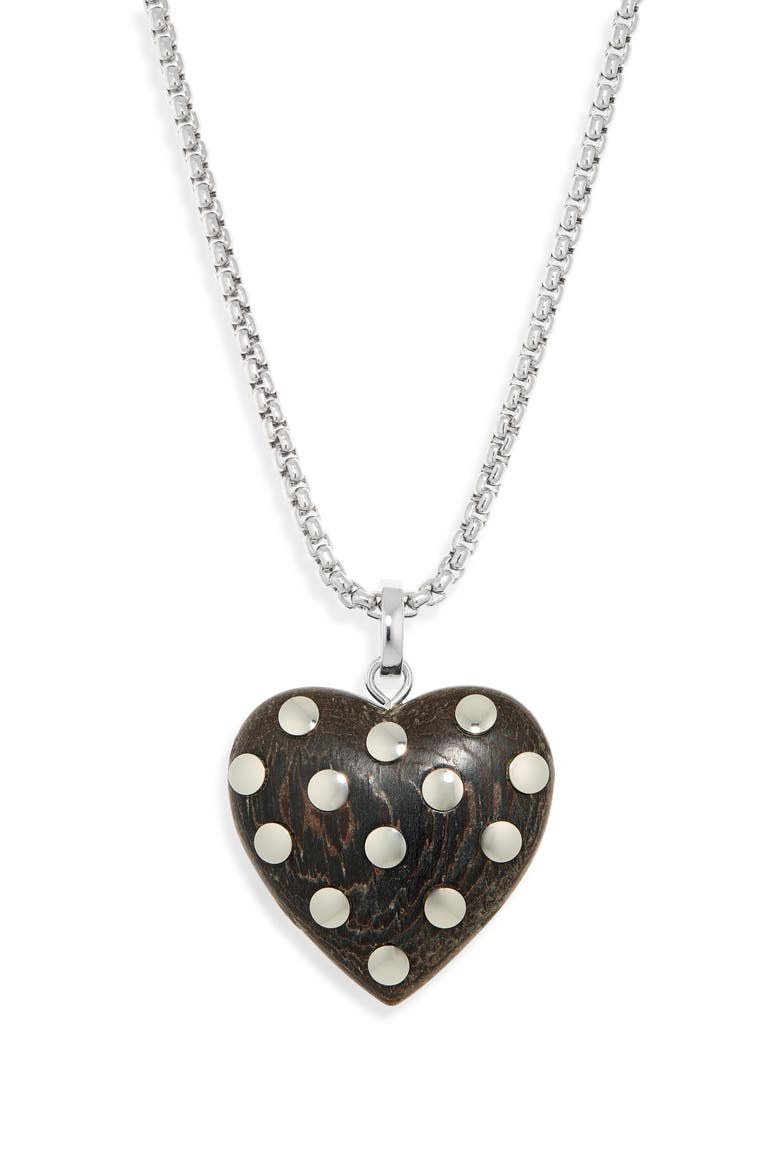 Big Studded Wood Heart Pendant Necklace, Alternate, color, SEMI SHINY SILVER/ WALNUT