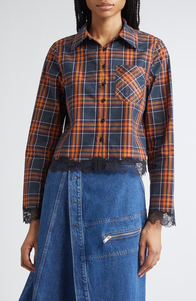 3.1 Phillip Lim Lace Hem Crop Shirt, Main, color, Dusk Multi