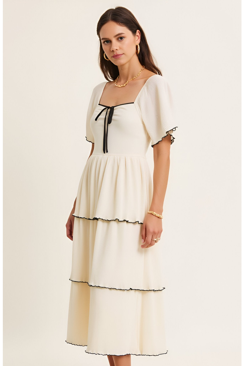 Tiered Pleated Midi Dress with Flutter Sleeves and Contrast Trim, Alternate, color, Ivory