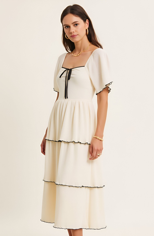 Modenaire Tiered Pleated Midi Dress With Flutter Sleeves And Contrast Trim In White
