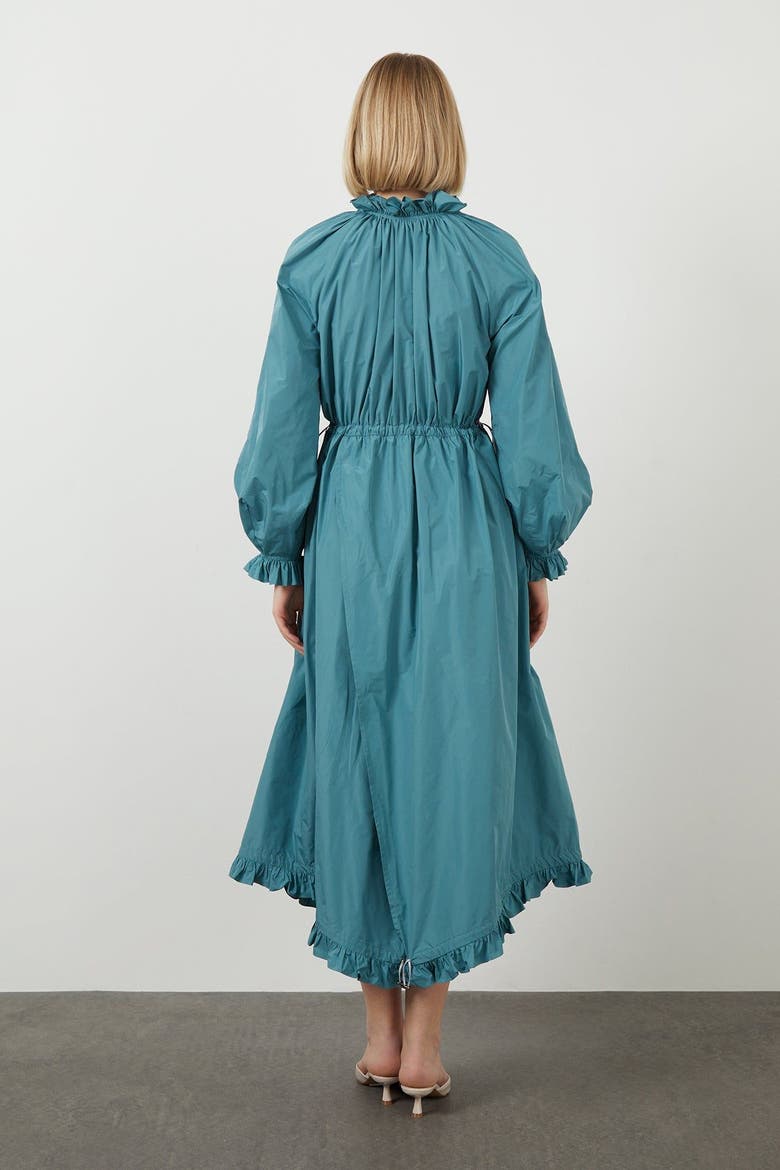 Turquoise Ruffle Neck Dress with Gathered Waist, Alternate, color, Green