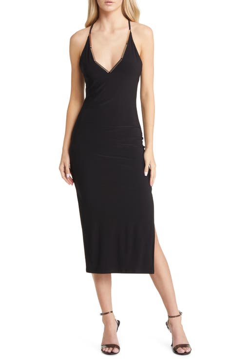 Golden Bar Halter Body-Con Midi Dress